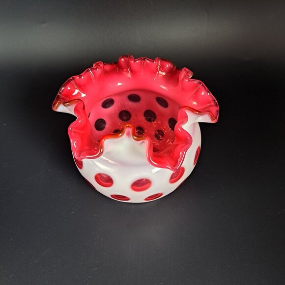 Fenton Coin Dot Cranberry Ruffled Glass Vase Vintage - Picture 2 of 10